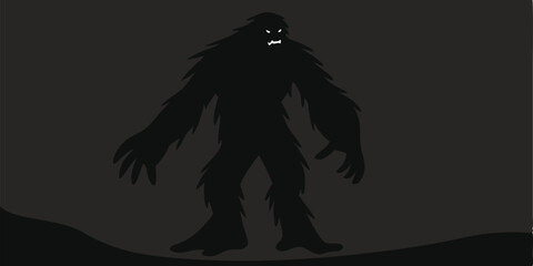 Bigfoot Sasquatch Vector Silhouette in Dark Forest Night Scene with Glowing Eyes