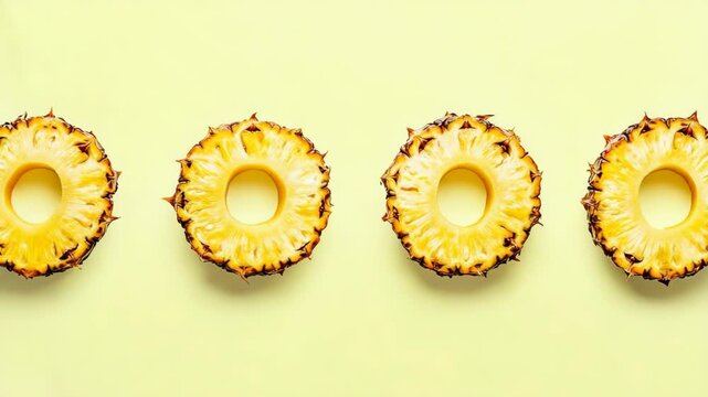 Four pineapple slices arranged in a row on pastel yellow backdrop. Tropical fruit with yellow flesh and spiky skin, minimalist fruit pattern