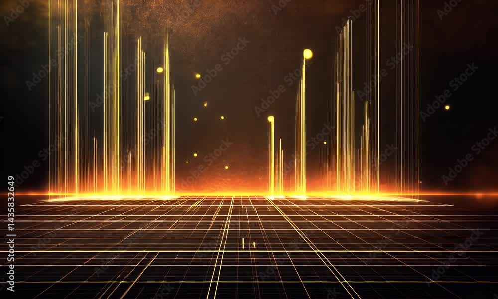 Poster a digital grid background with glowing lights, perfect for creating futuristic and sci-fi video wall