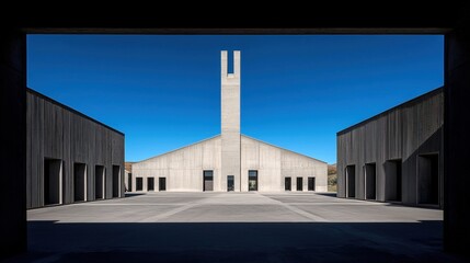 A concrete church with a tall bell tower and a large open courtyard.