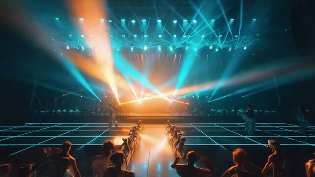 A low-angle POV shot crowd surfing concert. bounces sea of cheering hands, vibrant laser lights green, yellow, pink sweeping sky. crowd&rsquo;s energy is palpable, faces glowing dynamic lighting