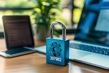 A blue combination lock is being shown with the numbers "307982" on it, next to an open laptop computer and smartphone, symbolizing digital security in a home office work setup. The focus of attention