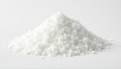 Pile of white granulated sugar on white background, detail, background, refined sugar