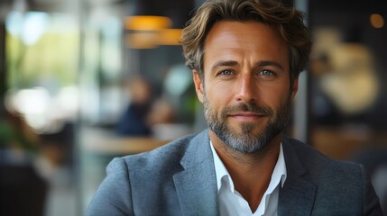 Obraz premium Close-up portrait of a stylish and confident man looking directly into the camera with a warm smile.