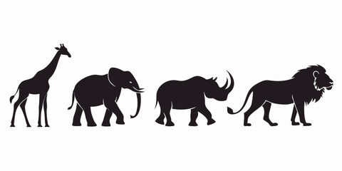 Wild African Animals Vector Silhouette Set – Giraffe, Elephant, Rhino, Lion Safari Wildlife Icons