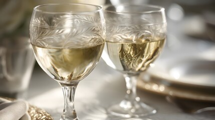 Two wine glasses with white wine on an elegant table; a moment of refined relaxation and simple luxury