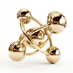 A gleaming gold atomic cluster sculpture stands out against the pure white backdrop, illustrating modernist artistry in a premium 3D rendering with mockup and copy space