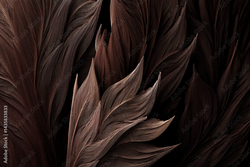 Poster brown textured feather-like forms create a rich, layered design, showcasing intricate detail and dep