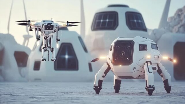Futuristic scene featuring a drone in flight and a robotic vehicle in a cold landscape with research outpost domes