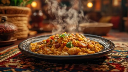 Steaming hot food dish on patterned plate close up gourmet cuisine