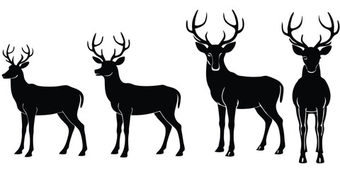 Vector silhouette of majestic deer with large antlers in various standing poses, wildlife forest animals illustration