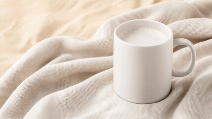 A white mug with a frothy beverage sits on a beige blanket.