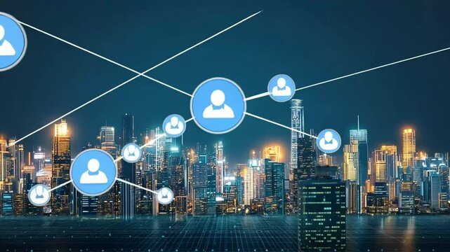 Global network connection, city skyline, digital icons