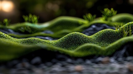 Lush moss landscape, flowing hills, sunrise, nature background