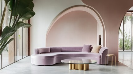 Modern curved sofa in pink living room, tropical background, interior design