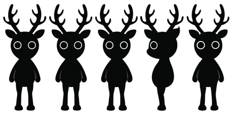 Vector silhouette of five black stag deer with antlers, wildlife animal illustration, forest creature and woodland mammal design