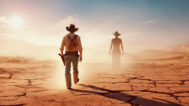 A abstract cowboy walks down a dry, cracked desert road toward a mirage of a figure waiting distance. low-angle shot emphasizes his determined stride surreal, unattainable nature of the mirage