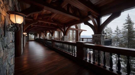 Luxurious wooden hallway, mountain view, interior design, winter scenery