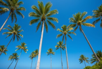 Fototapeta premium In the background are tall palm trees on a beach with a blue sky