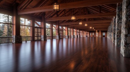 Empty wooden lodge ballroom with mountain views