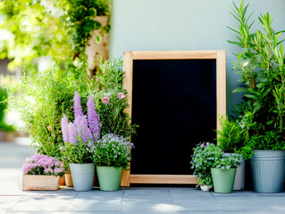 A rustic wooden a-frame sign with an empty chalkboard stands at the entrance of an artisanal bakery. Morning light creates an inviting atmosphere, surrounded by vibrant plants and flowers