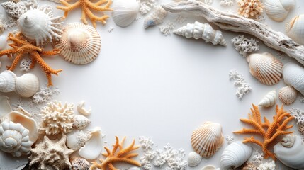 Obraz premium Seashells, coral, and driftwood frame a white background.