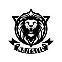 Roaring lion head logo design with ribbon and triangle badge, majestic lion head vector design in black and white