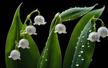 Obraz premium A close-up photograph of a lily of the valley with water droplets on its petals, against a dark background.