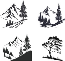 A vector illustration depicts a snowy winter landscape scene with a green set of fir trees, perfect for a Christmas holiday card design