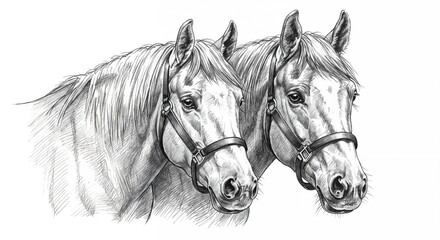 Two Horses in Detailed Sketch Illustration  