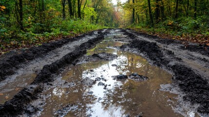 Fototapeta premium Muddy forest path with puddles in autumn