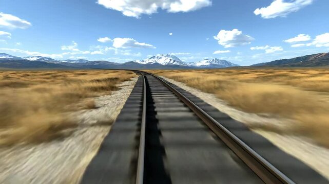 Railway receding towards snow-capped mountains under a cloudy blue sky. Dry grass fills the surrounding land