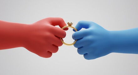 Red and blue hands exchanging a ring