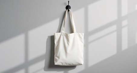 Canvas totebag hanging from black hook against seamless light grey background. Studio lighting creates soft shadows. Ideal for branding or logo preview.