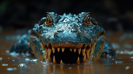 Obraz premium Close-up of a Spectacled Caiman's head and open jaws in murky water.