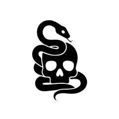 Minimalist Black and White Vector Illustration of a Snake Wrapped Around a Skull, Evoking Horror and Gothic Aesthetics in a Simple, Striking Design