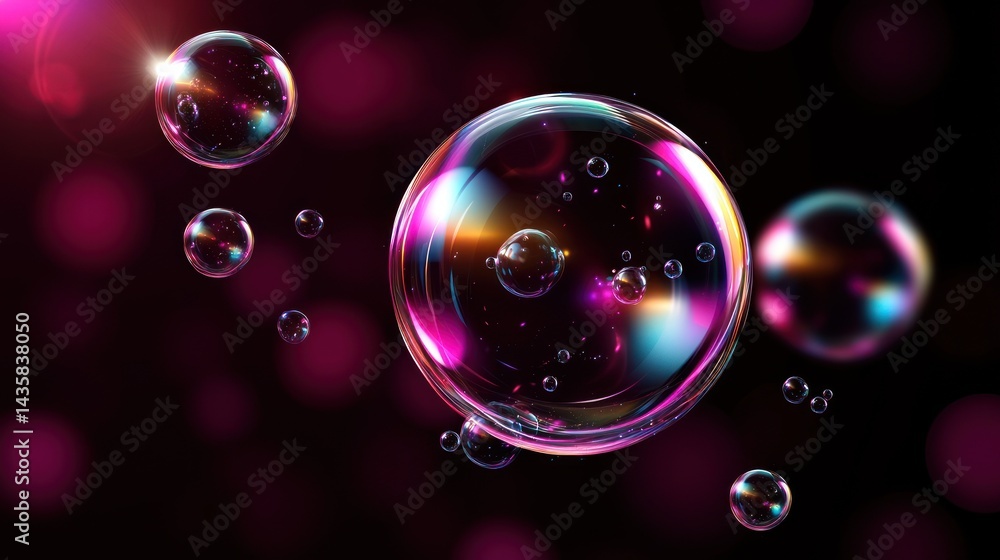 Poster colorful bubbles in dark background with bokeh