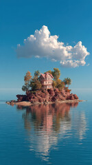 A picturesque house rests peacefully upon a rocky island oasis surrounded by calm ocean waters under a bright blue sky with a large fluffy cloud above it all.