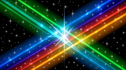 Naklejka premium Vibrant rainbow light streaks intersect, sparkling stars on dark backdrop