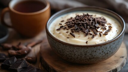 A ceramic bowl filled with creamy dessert, topped with dark chocolate shavings and a cup of tea.