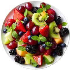 Obraz premium A close-up of a bowl filled with a variety of colorful fruits, including strawberries, kiwi, grapes, blueberries, blackberries, and mint leaves. 
