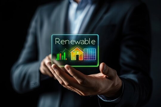 Businessman holding renewable energy concept. Visualizes home improvement and energy efficiency through digital interface