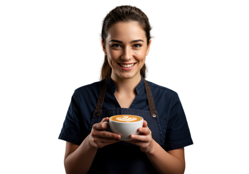 A smiling woman barista holding a cup of coffee with latte art, isolated