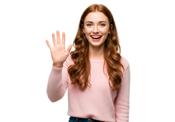 A woman waving goodbye with a bright, isolated