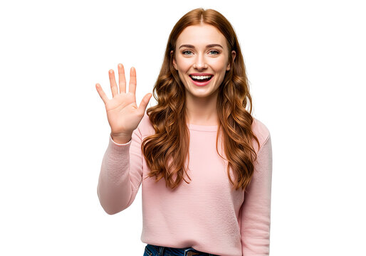 A woman waving goodbye with a bright, isolated