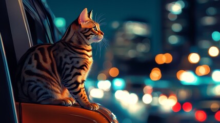 Bengal cat pausing mid-adventure, perched on a camper van roof with the city life of Patpong in the background