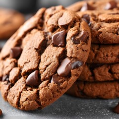 Fototapeta premium Delicious chocolate chip cookies, freshly baked, with rich chocolate and crispy edges, perfect for a sweet treat anytime. Enjoy the flavor!