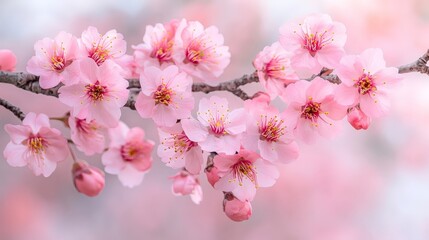 Naklejka premium Pink Cherry Blossoms in Full Bloom, Symbolizing Spring, Renewal, and Natural Beauty