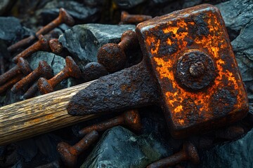 Rusty sledgehammer and bolts on rough stones, vintage industrial tool concept