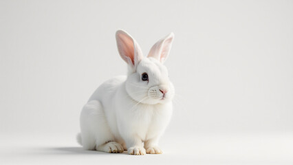 Fluffy White Lop-Eared Rabbit Sitting Calmly, Nose Twitching Slightly, Isolated White